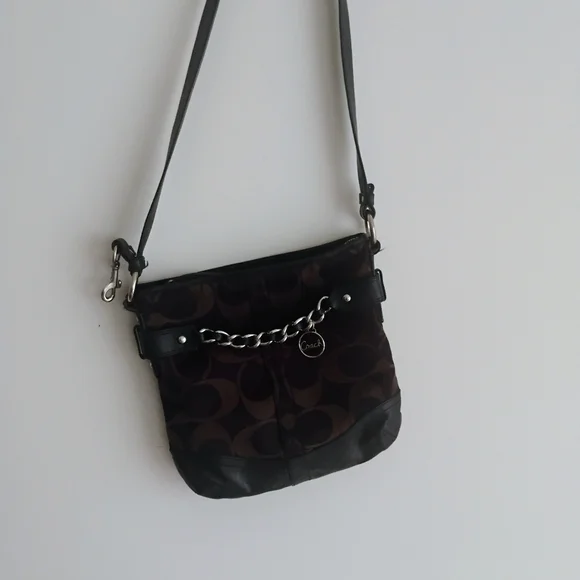 Coach Black Leather Dark Brown Canvas Signature Crossbody Bag Purse - Picture 10 of 15